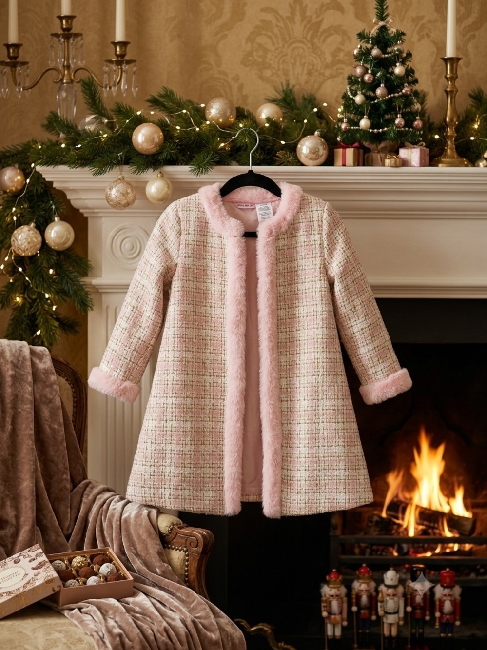 Blueberi Boulevard Pink Tweed Coat with Faux Fur Trim